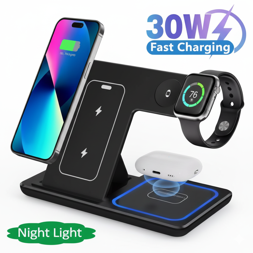 30W LED Fast Wireless Charger Stand 3 in 1 Foldable Charging Station For iPhone 15 14 13 12 11 Apple Watch 9 8 7 6 5 Air pods Pro