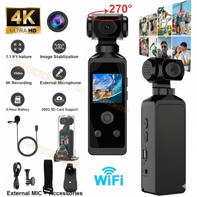 4K / 5K Ultra HD WIFI Action Camera 270° Rotatable Mini Sports Cam Waterproof Case Helmet Travel Bicycle Driver Recorder 1080P
