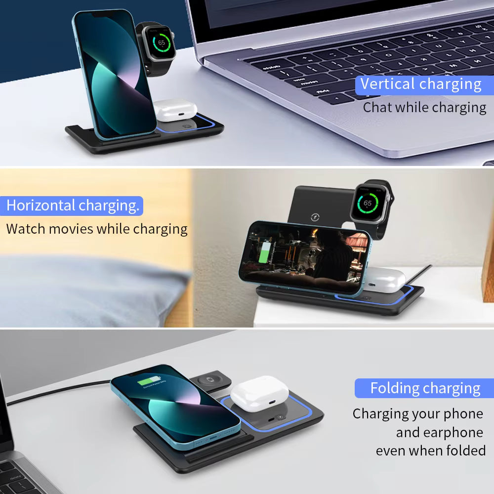 30W LED Fast Wireless Charger Stand 3 in 1 Foldable Charging Station For iPhone 15 14 13 12 11 Apple Watch 9 8 7 6 5 Air pods Pro