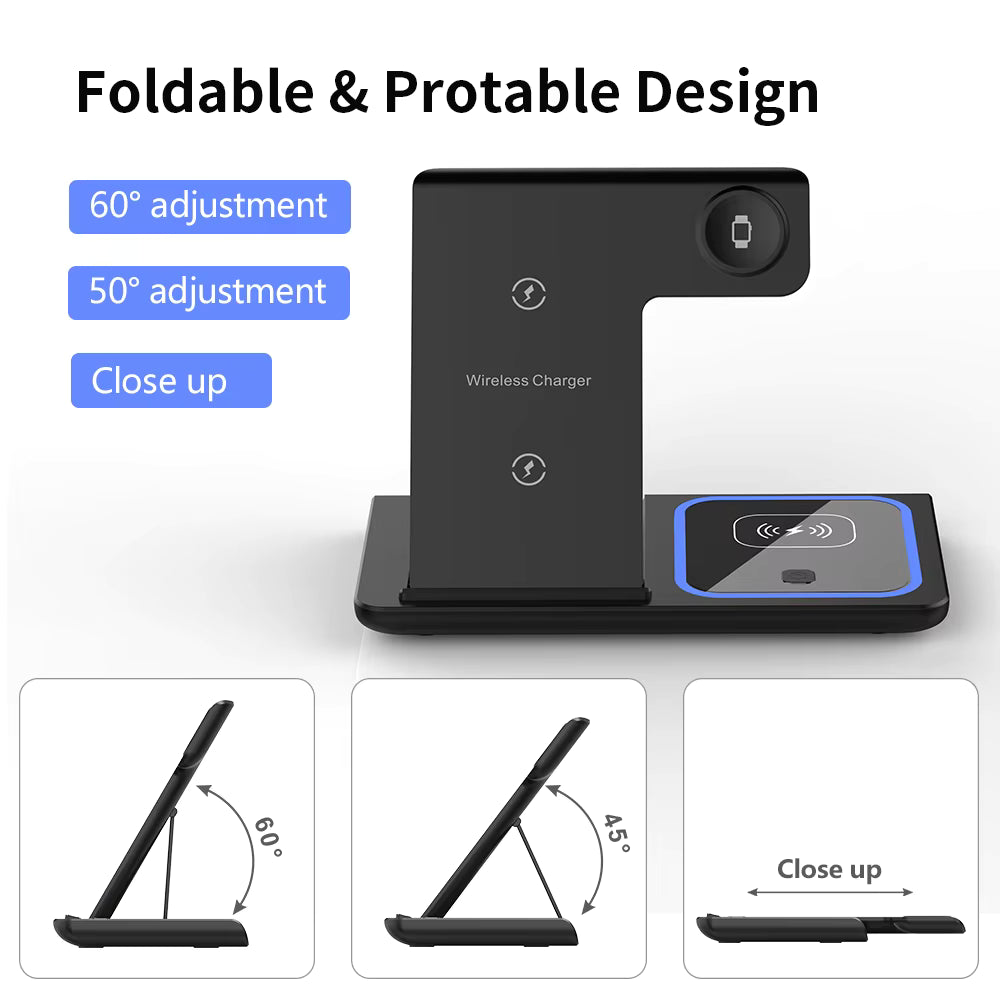 30W LED Fast Wireless Charger Stand 3 in 1 Foldable Charging Station For iPhone 15 14 13 12 11 Apple Watch 9 8 7 6 5 Air pods Pro
