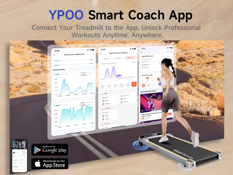 YPOO 38cm Treadmill for Home Low Noise Walking Pad Under Desk Running Machine with YPOOFIT APP